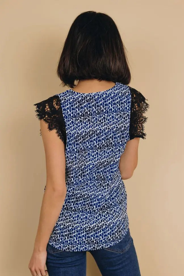 Kancan Printed Lace Shoulder Top Stay Warm in Style