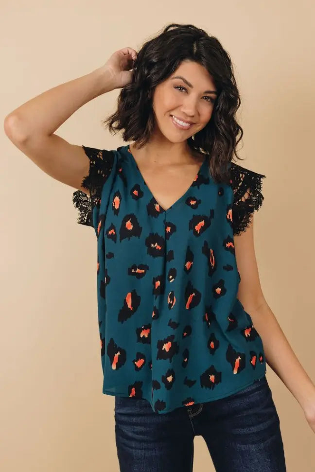 Kancan Printed Lace Shoulder Top Stay Warm in Style