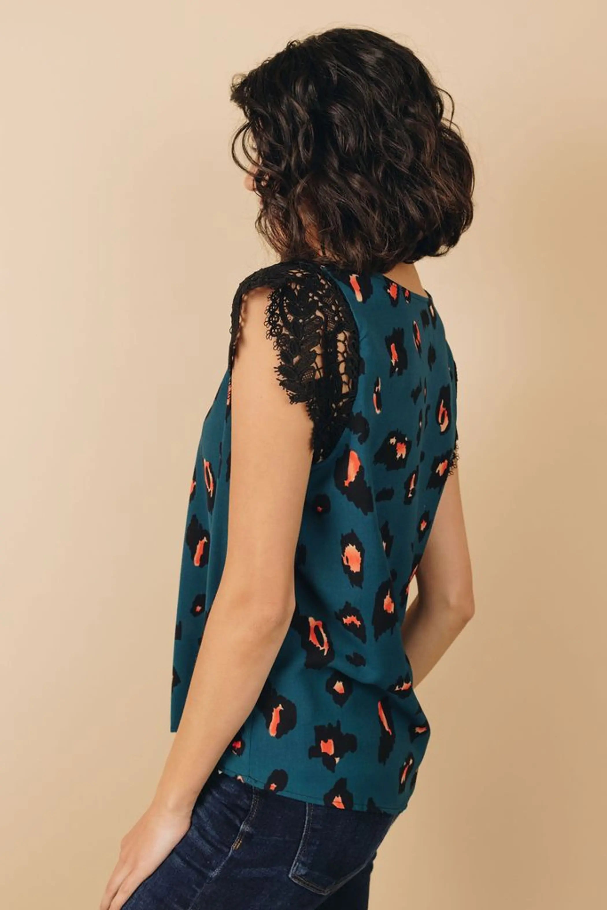 Kancan Printed Lace Shoulder Top Stay Warm in Style