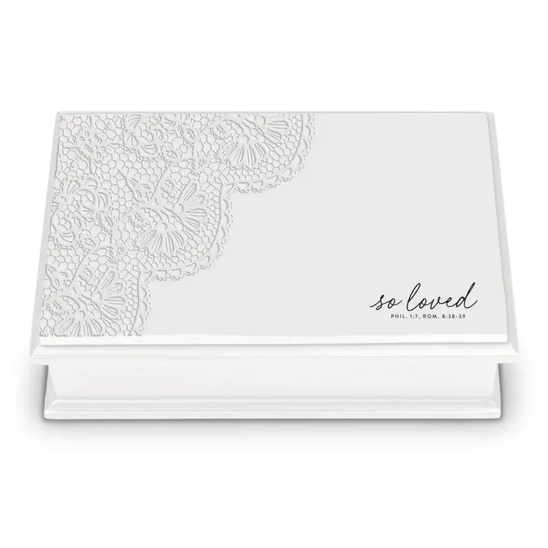 Elegant white keepsake box with embossed lace design and "so loved" inscription, perfect for cherished memories.