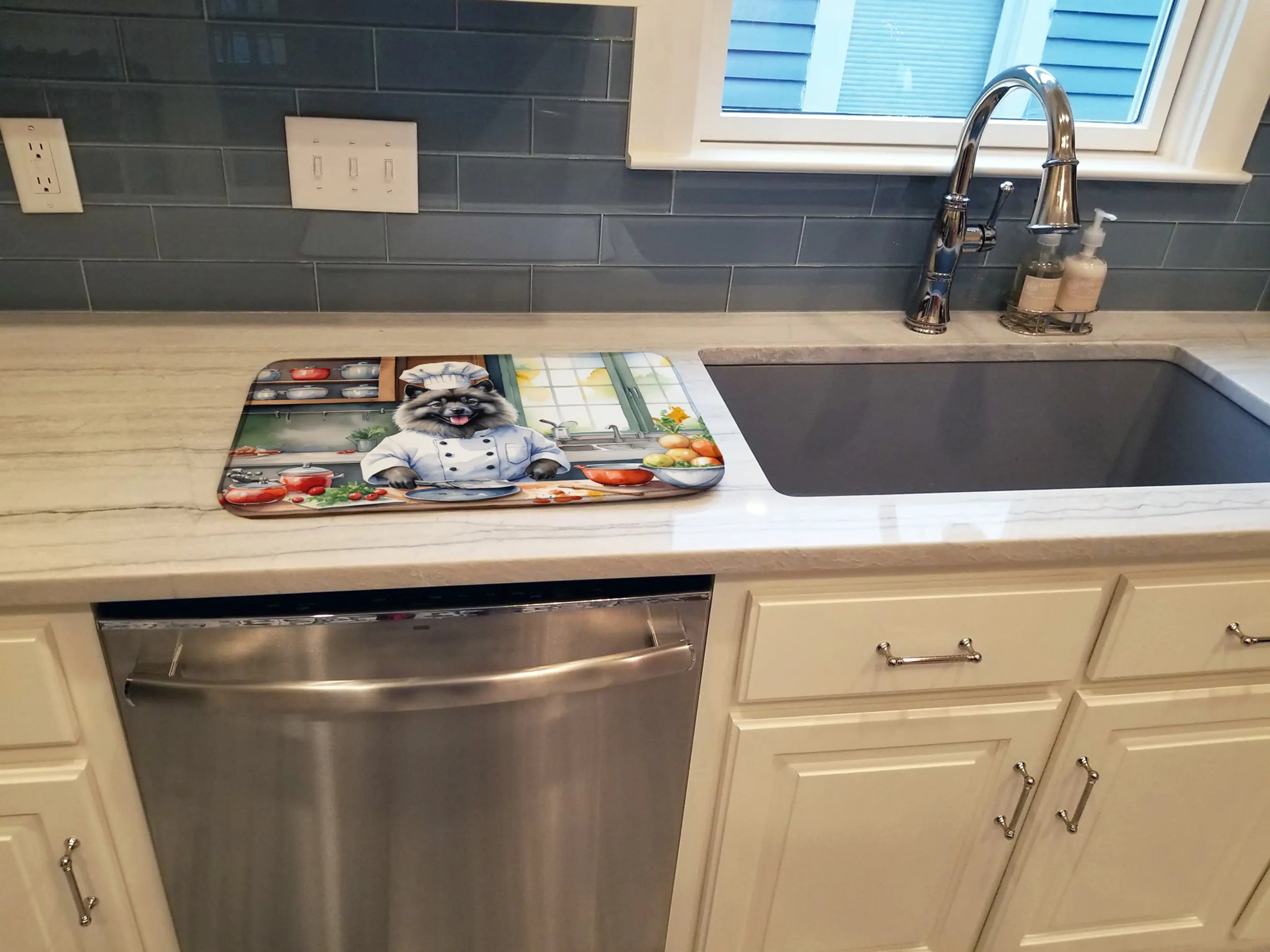 Chef raccoon kitchen mat in vibrant colors, featuring a playful design, soft fabric, and easy-to-clean surface.