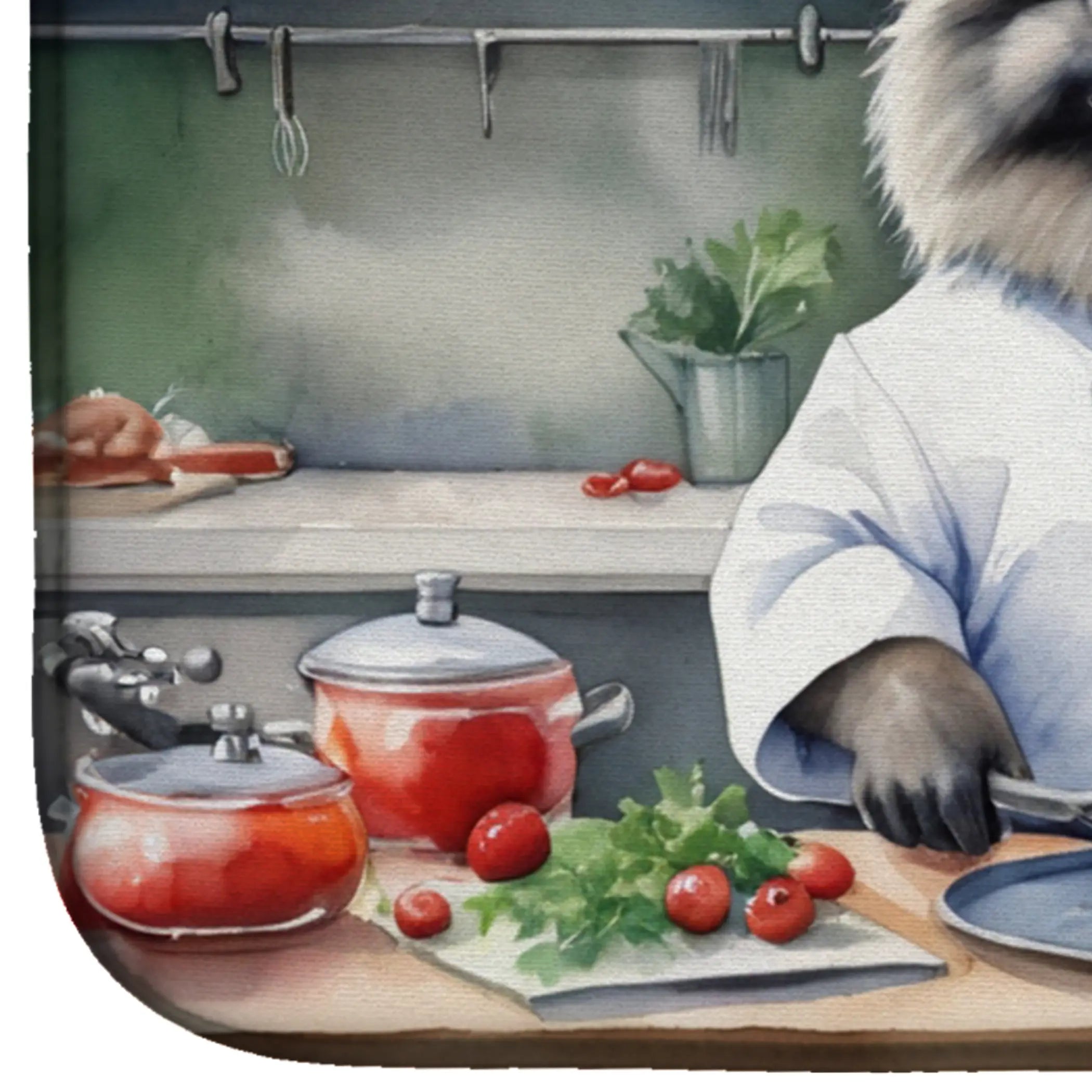 Red cookware and fresh herbs in a cozy kitchen with a raccoon chef in a white coat.