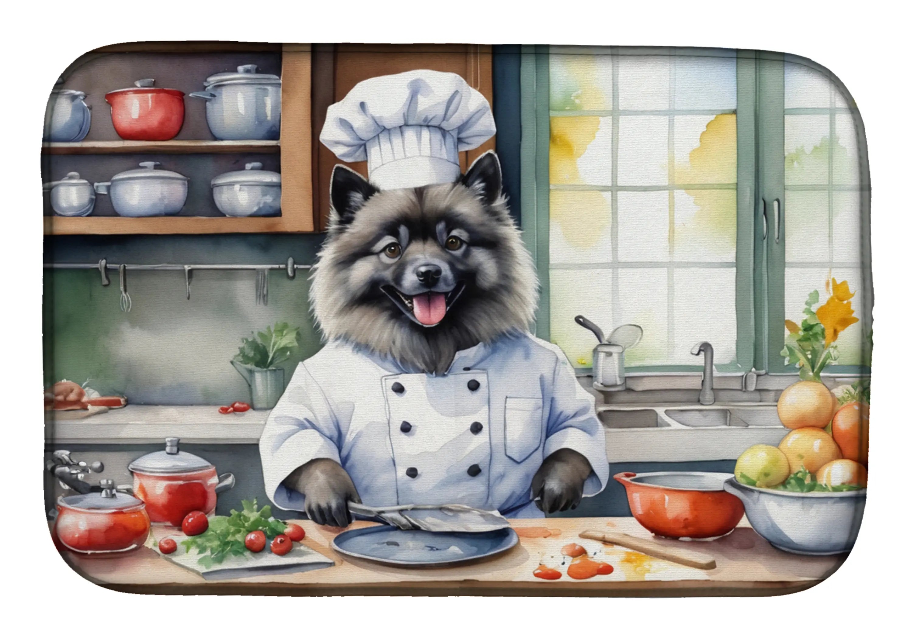 Keen Keeshond chef apron illustration with colorful kitchen, featuring tomatoes, oranges, and cookware in vibrant colors.