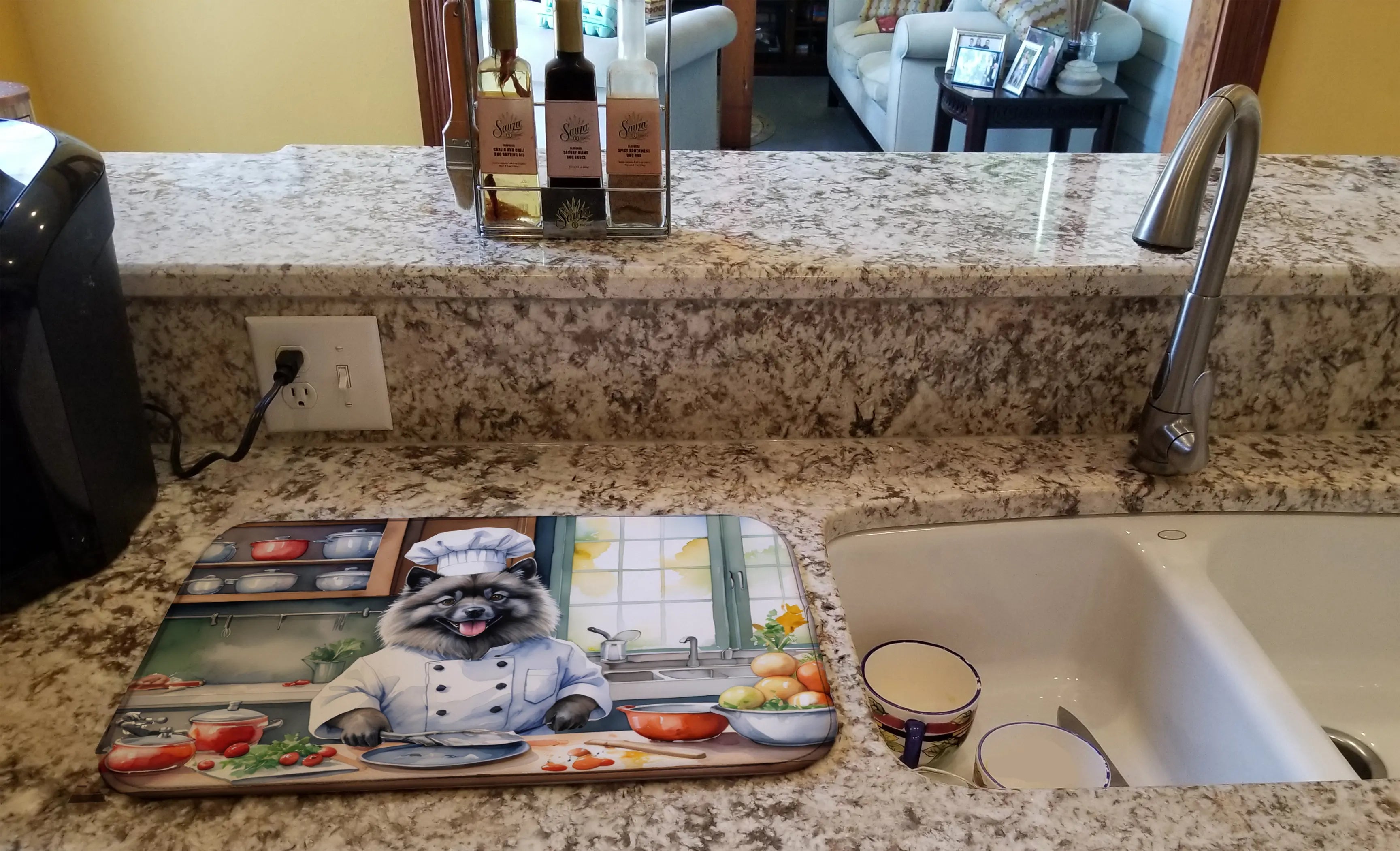 Colorful kitchen countertop mat featuring a chef raccoon, ideal for home decor and cooking enthusiasts.