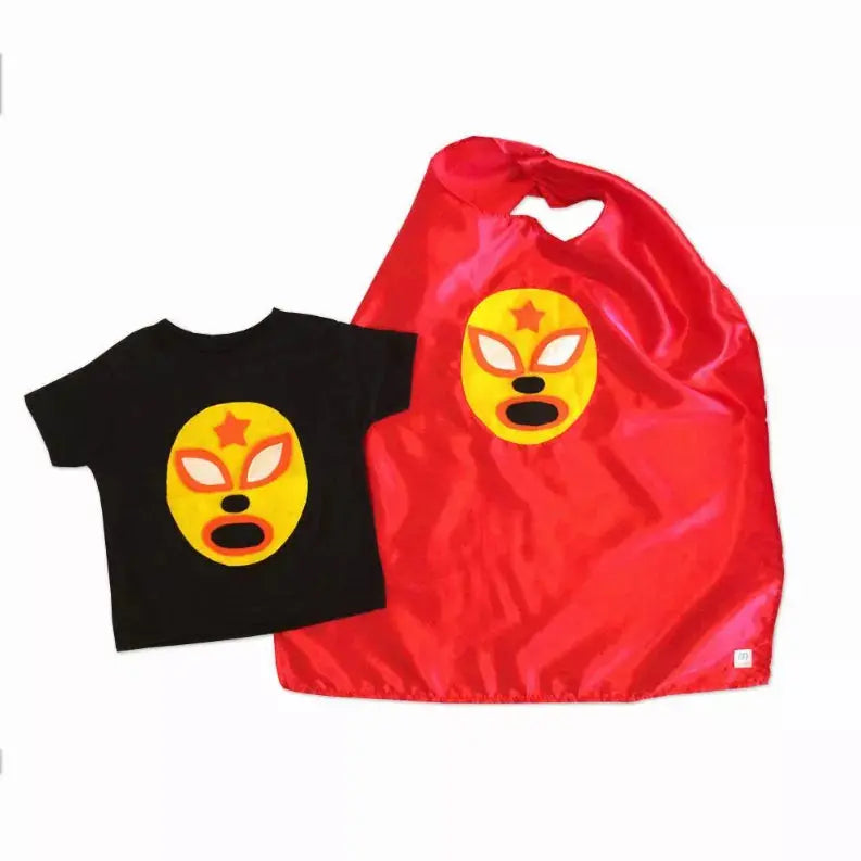 Kid's Cape and Shirt- Luchador Amarillo - Yellow Mexican Wrestler Toddler T-Shirt & Red Cape Combo Mi Cielo