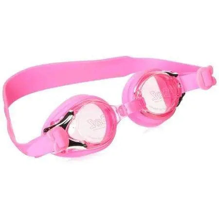 Bright pink swim goggles with transparent lenses and adjustable silicone strap, perfect for kids and adults.