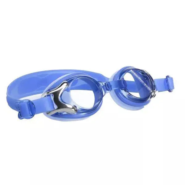 Blue silicone swim goggles with adjustable strap and mirrored lenses for enhanced visibility. Perfect for competitive swimming.