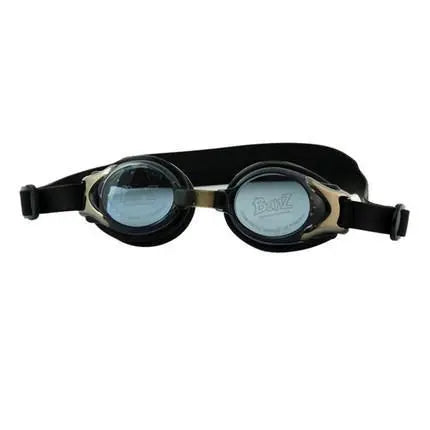 Black and gold swim goggles with anti-fog mirrored lenses and adjustable strap for a secure fit.