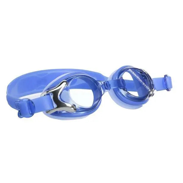 Blue silicone swim goggles with chrome detailing and adjustable strap for a secure fit. Ideal for competitive swimming.
