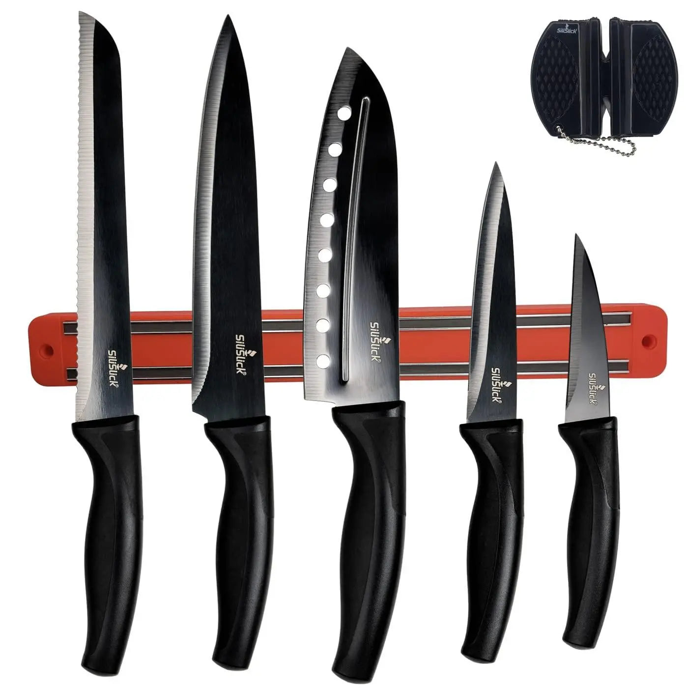 Kitchen Knife Set Kit 5 Dishwasher Safe Colorful Knives Knife Sharpener & Magnetic Wall Bar Titanium Non Stick Plating Stainless Steel Silislick