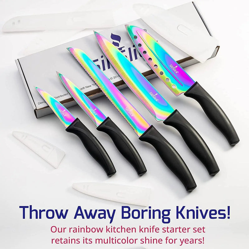 Kitchen Knife Set Kit 5 Dishwasher Safe Colorful Knives Knife Sharpener & Magnetic Wall Bar Titanium Non Stick Plating Stainless Steel Silislick