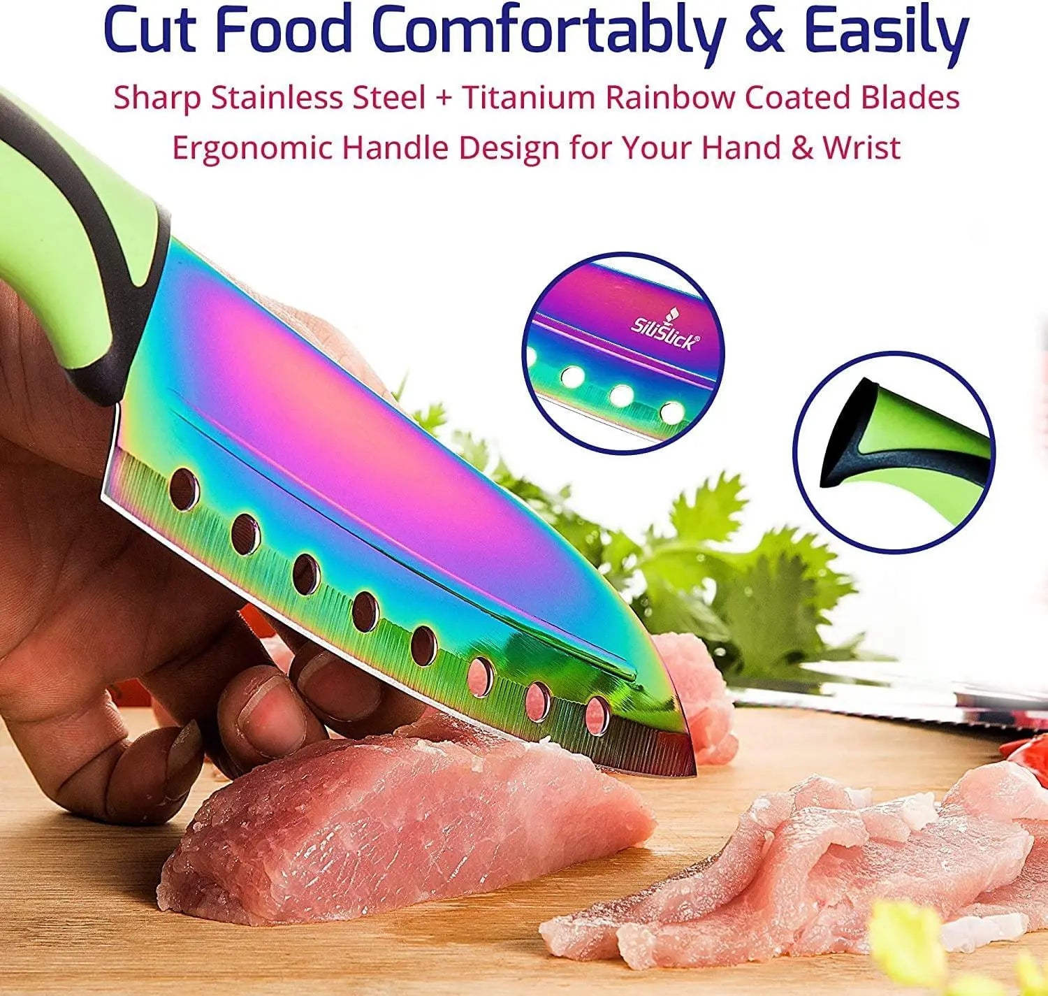 Kitchen Knife Set Kit 5 Dishwasher Safe Colorful Knives Knife Sharpener & Magnetic Wall Bar Titanium Non Stick Plating Stainless Steel Silislick