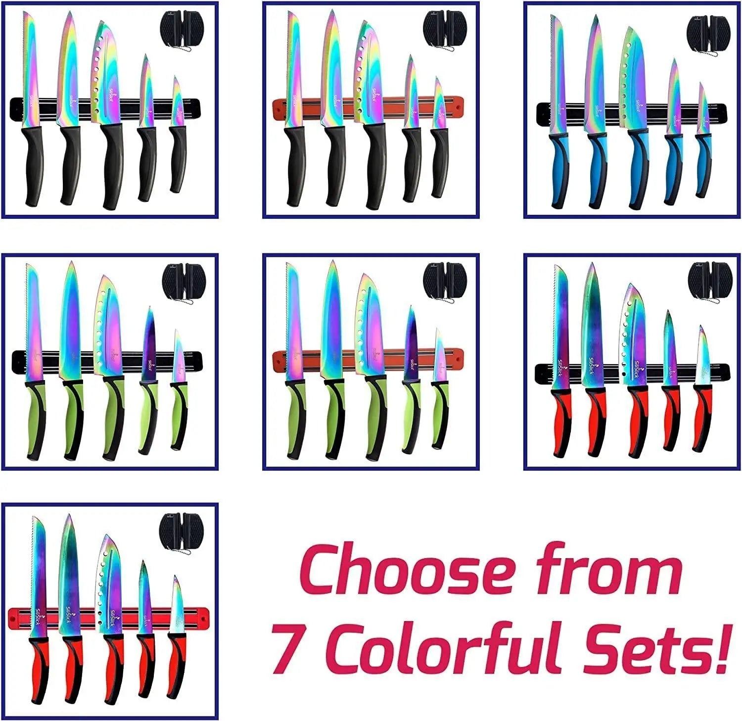 Kitchen Knife Set Kit 5 Dishwasher Safe Colorful Knives Knife Sharpener & Magnetic Wall Bar Titanium Non Stick Plating Stainless Steel Silislick