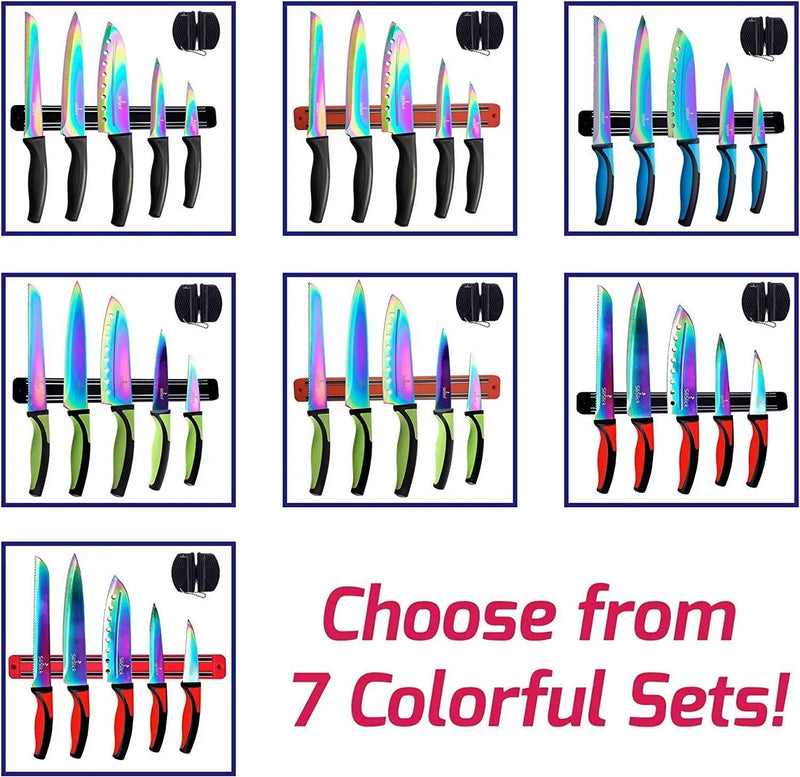 Kitchen Knife Set Kit 5 Dishwasher Safe Colorful Knives Knife Sharpener & Magnetic Wall Bar Titanium Non Stick Plating Stainless Steel Silislick