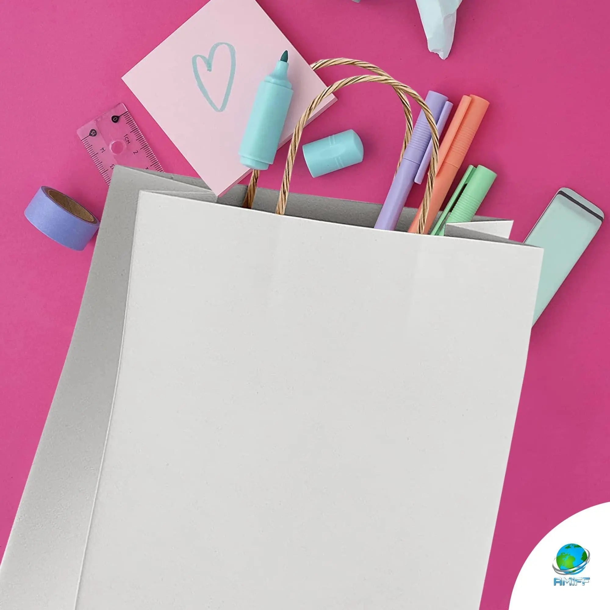 Kraft Paper Bags with Handles 13 x 7 x 17 Inch Pack of 50 White Bags with Handles Recyclable Sturdy 150 GSM Kraft Bags Stylish and Classy White Paper Bags with Handles Bulk Amiff