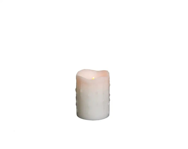 White pillar candle with a textured design, softly flickering flame, perfect for home décor and ambiance.