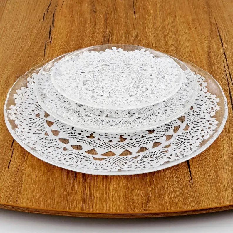 LILLE 12PC Glass Dinner Plate Set Clear/White Red Pomegranate Collection