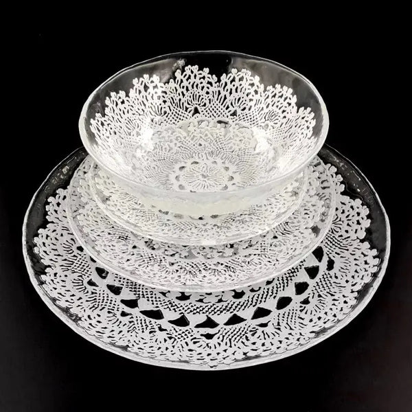 LILLE Glass Dinnerware Set Clear/White Red Pomegranate Collection