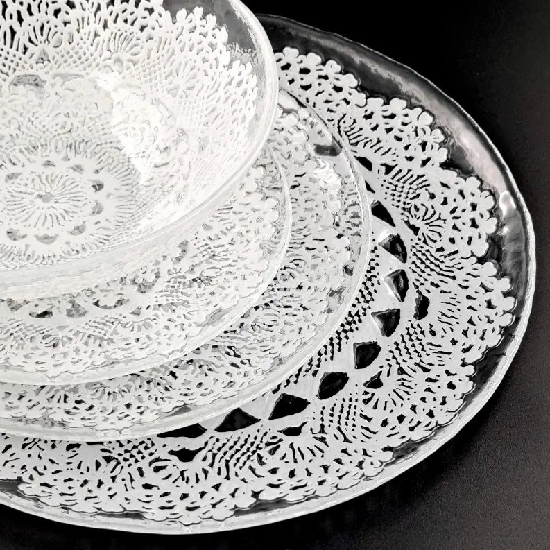 LILLE Glass Dinnerware Set Clear/White Red Pomegranate Collection