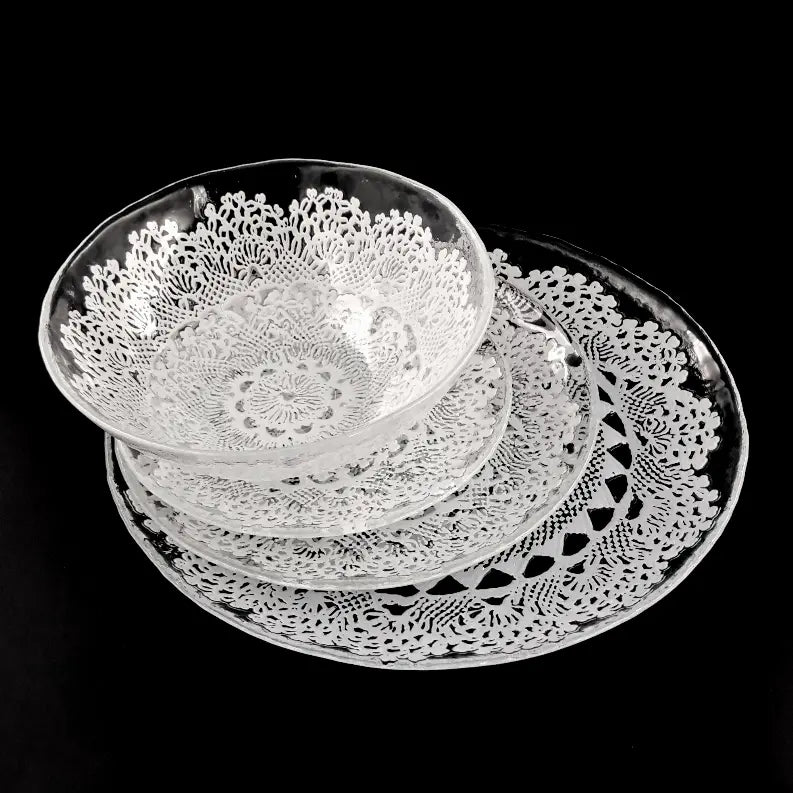 LILLE Glass Dinnerware Set Clear/White Red Pomegranate Collection