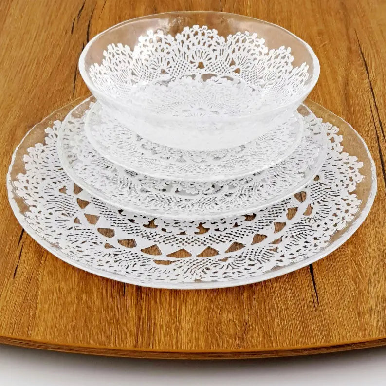 LILLE Glass Dinnerware Set Clear/White Red Pomegranate Collection