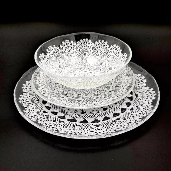 LILLE Glass Dinnerware Set Clear/White Red Pomegranate Collection