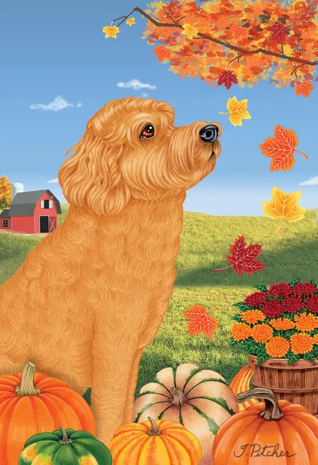 Labradoodle Red  -  Tomoyo Pitcher Autumn Leaves Outdoor Flag Best of Breed