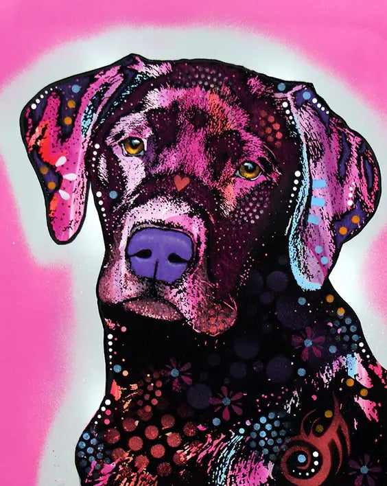 Vibrant pink and black dog art print featuring a colorful Labrador retriever with intricate patterns and textures.