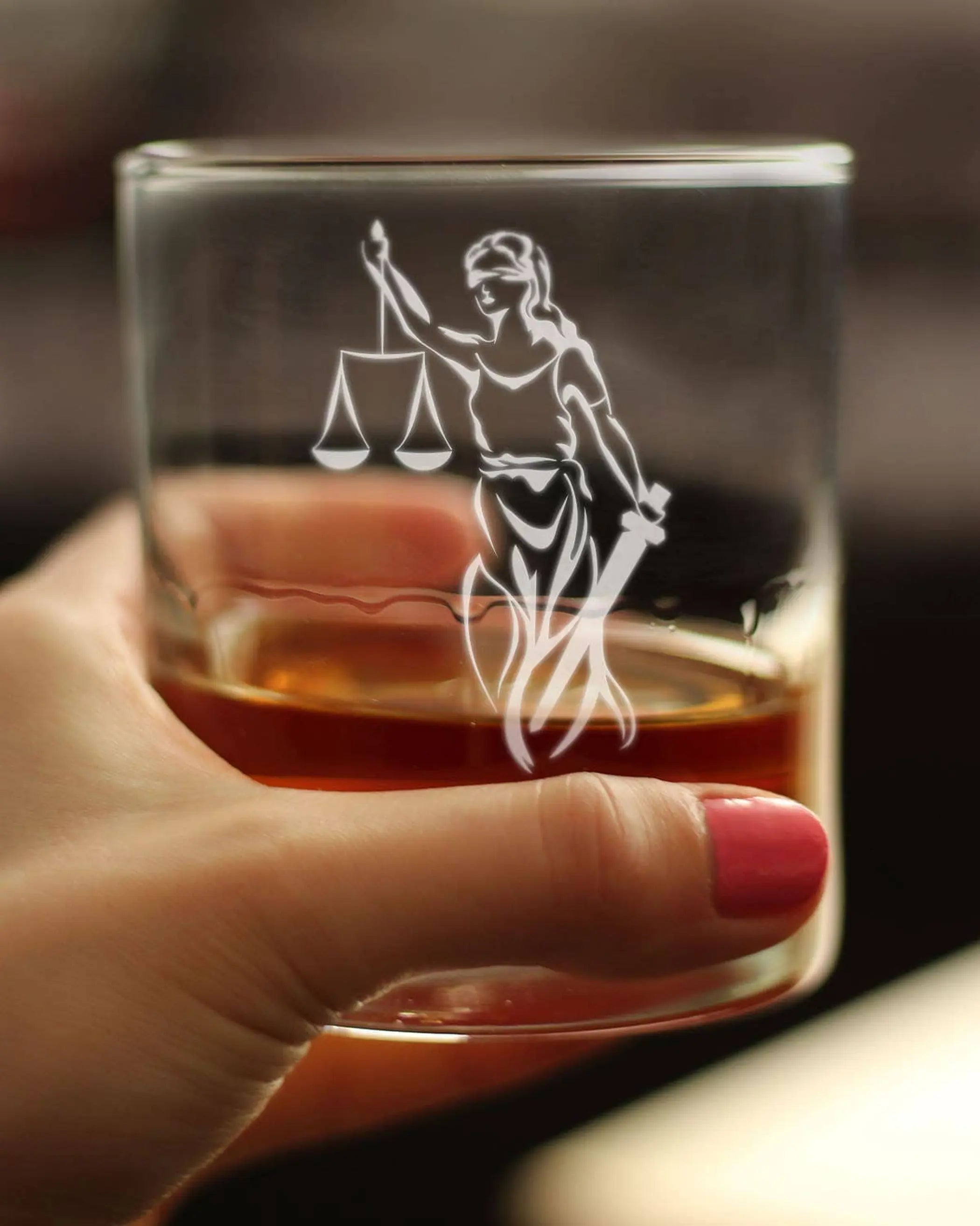 Lady Justice Whiskey Rocks Glass - Lawyer Gifts and Decor Bevvee