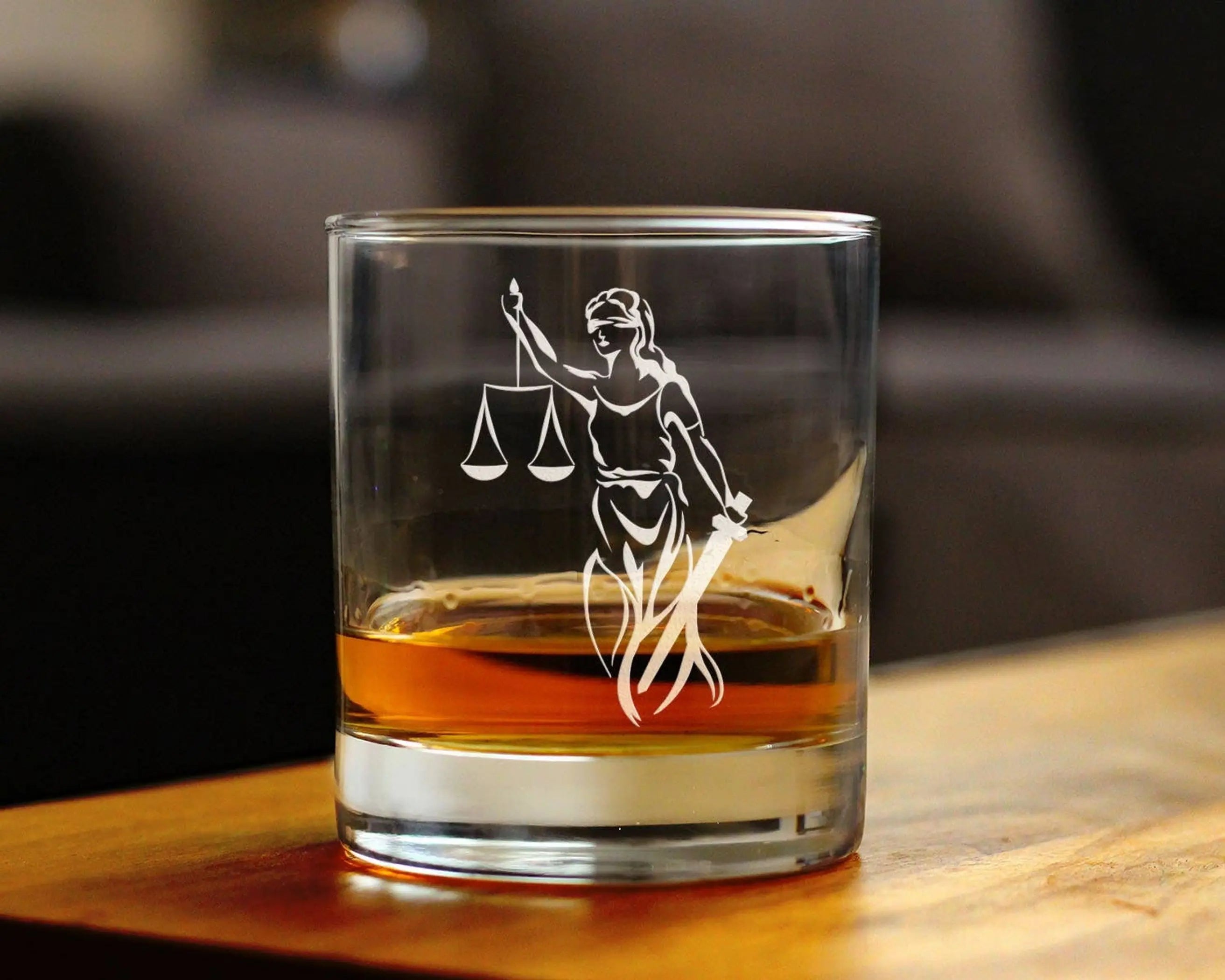 Lady Justice Whiskey Rocks Glass - Lawyer Gifts and Decor Bevvee