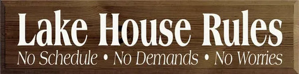 Wooden sign with "Lake House Rules" in white script on a dark brown background, perfect for rustic home decor.