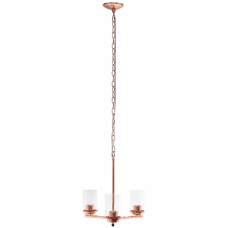 Modern copper pendant light with glass shades, featuring a sleek chain design and three bulbs.