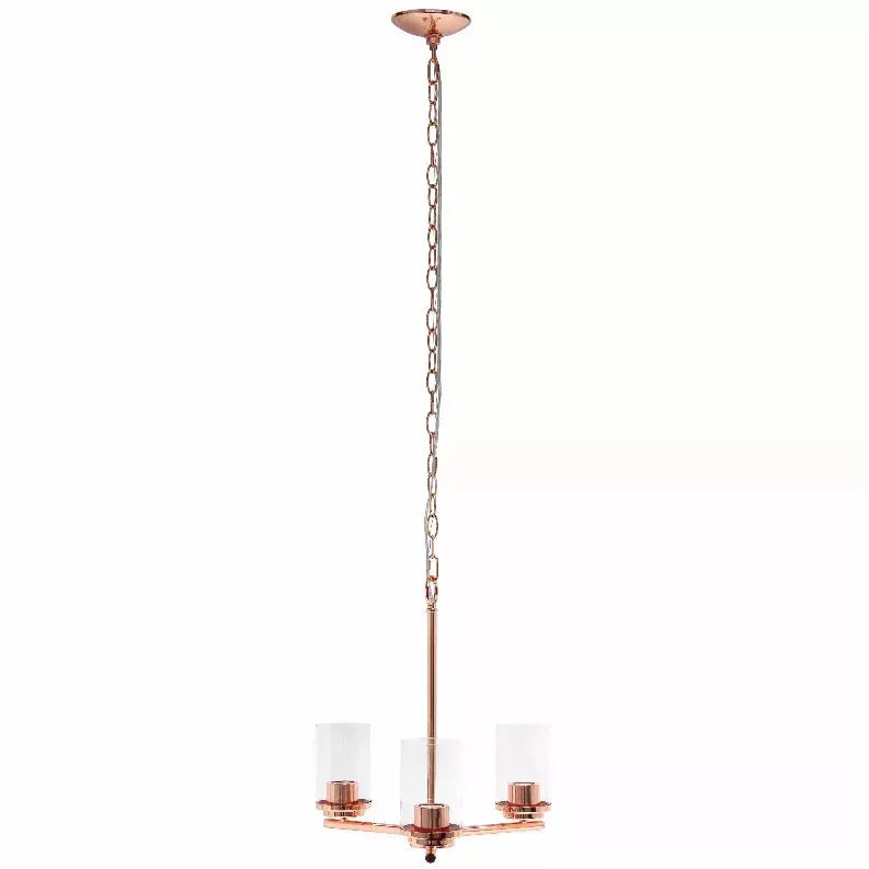 Copper three-light chandelier with clear glass shades, modern industrial style, featuring a hanging chain design.