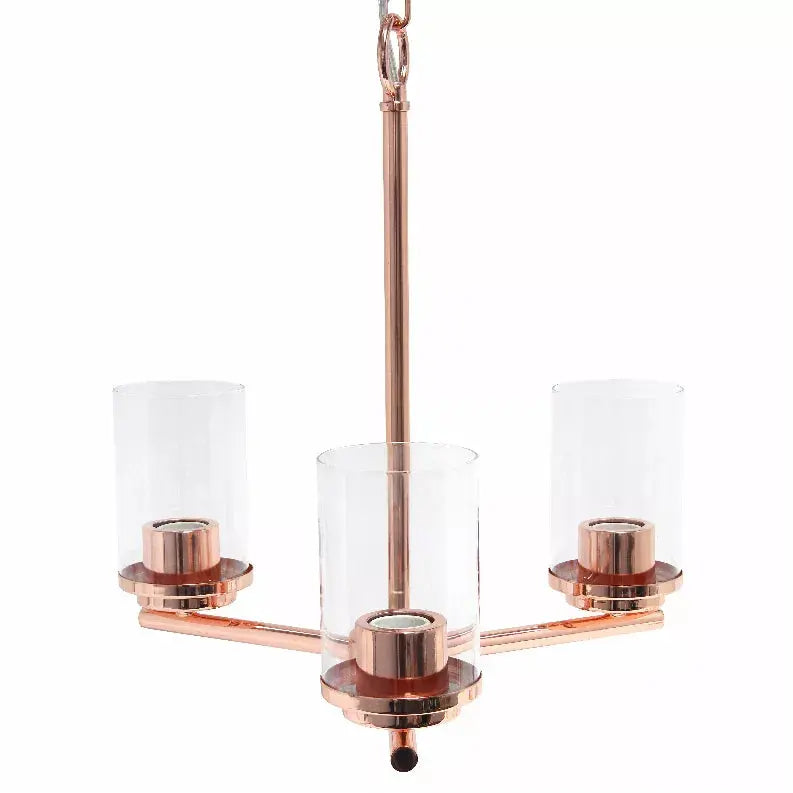 Rose gold chandelier with clear glass shades and a modern, industrial design, perfect for stylish home lighting.
