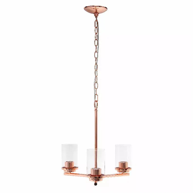 Rose gold metal chandelier with three clear glass shades, contemporary design, perfect for modern dining rooms.