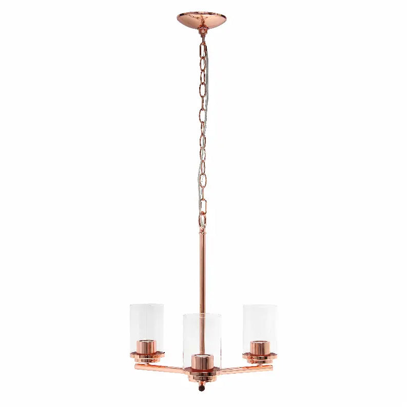 Modern copper pendant chandelier with three clear glass shades and a sleek chain design, perfect for contemporary decor.