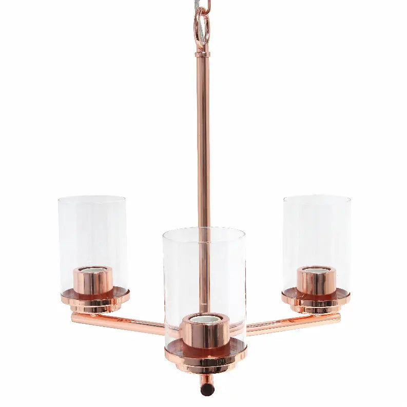 Modern copper chandelier with three clear glass shades, perfect for adding elegance to any room decor.