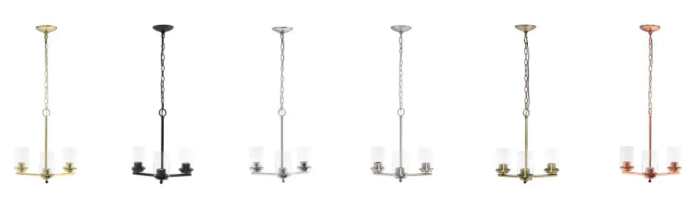 5-light chandelier in brass, black, silver, antique brass, and copper finishes with clear glass shades.