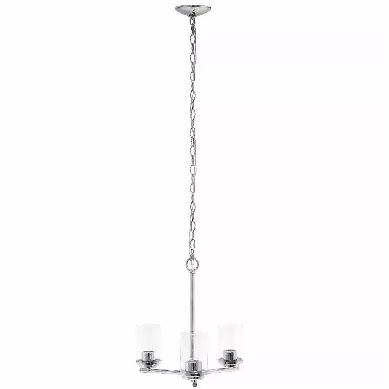 Sleek chrome pendant chandelier with three glass shades, modern design, perfect for contemporary spaces.