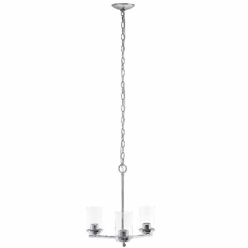 Modern three-light chandelier in polished chrome with glass shades, perfect for contemporary home decor.