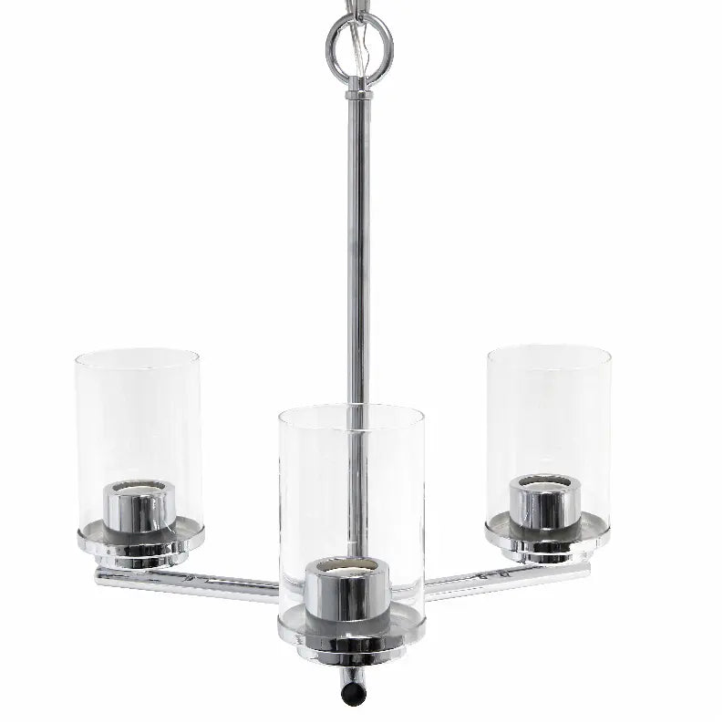 Modern silver pendant chandelier with transparent glass shades and sleek metal design, featuring three candle-like bulbs.
