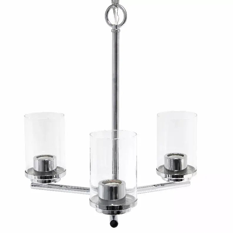 Modern chrome chandelier with three clear glass shades, perfect for contemporary dining spaces.