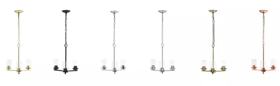 Vintage-inspired chandelier in black, gold, silver, bronze, and copper finishes with clear glass shades.