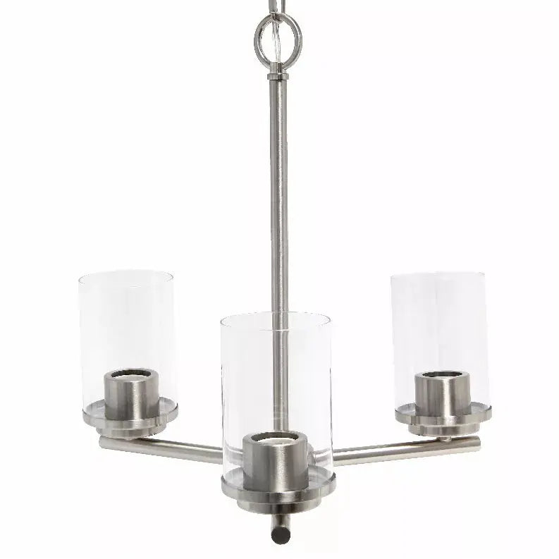 Brushed nickel chandelier with clear glass shades, modern three-light design for stylish home lighting.