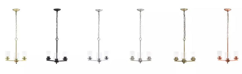 Elegant pendant chandeliers in black, silver, gold, brass, and copper finishes with glass shades. Perfect for modern decor.