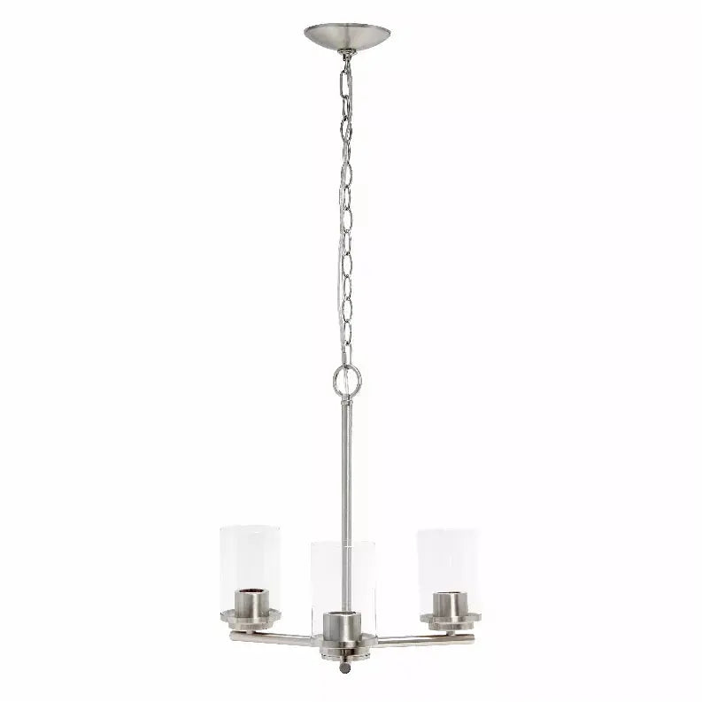Modern brushed nickel chandelier with three clear glass shades, ideal for contemporary home decor.