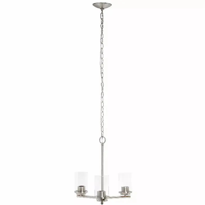 Stylish brushed nickel chandelier with three clear glass shades, perfect for modern dining rooms or entryways.