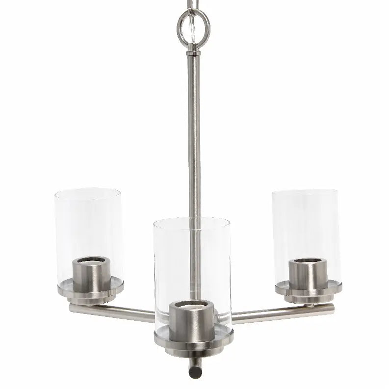 Brushed nickel chandelier with three clear glass shades, modern design, perfect for contemporary interiors.