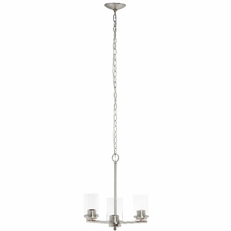 Metallic silver chandelier with clear glass shades, industrial style, three-light design, perfect for modern decor.