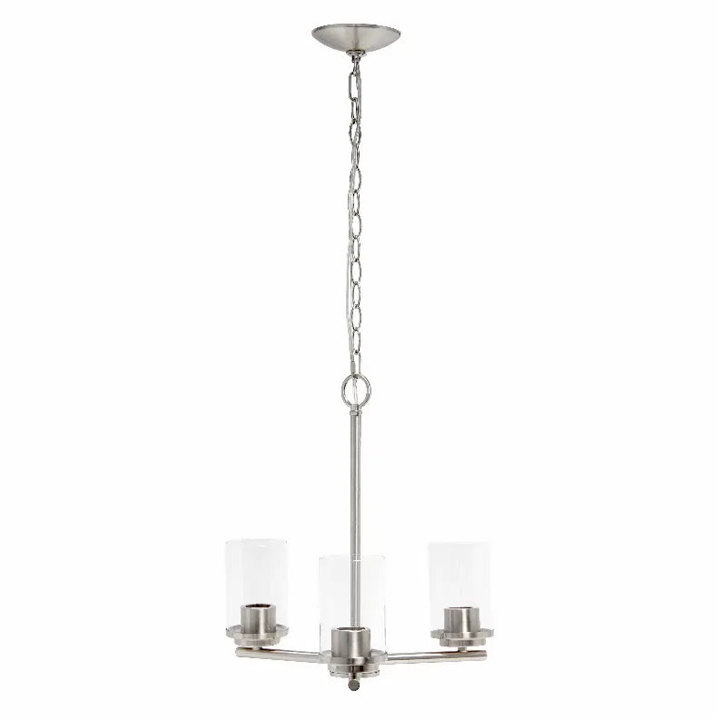 Brushed nickel chandelier with three clear glass shades, modern design, ideal for stylish home decor.